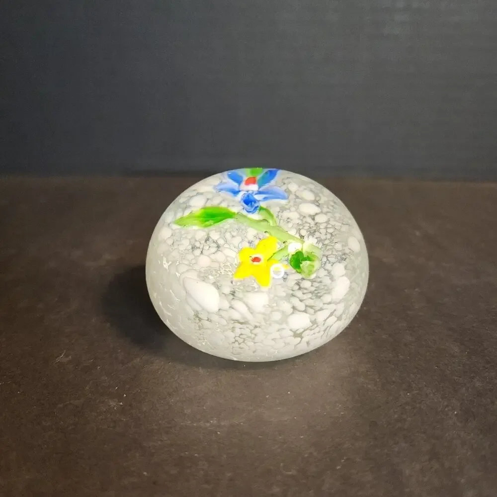 Vtg Art Glass Yellow Blue Flowers Snow Globe 2.5